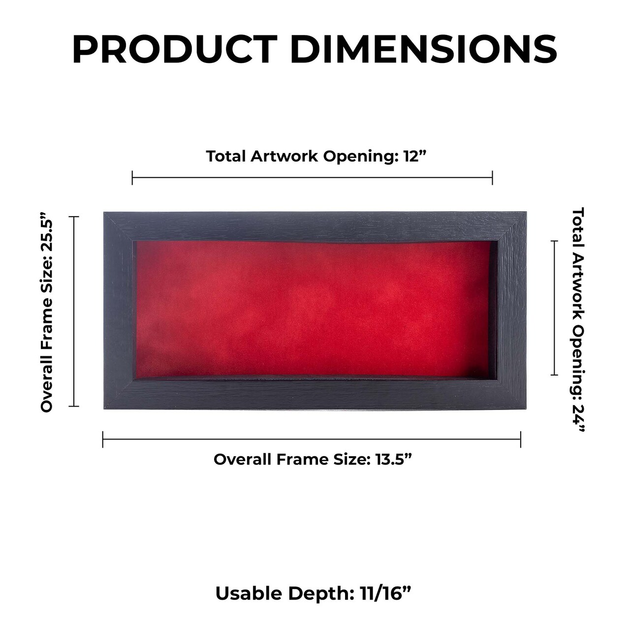 Black Wood Grain Shadow Box Frame with Acrylic Front - Red Suede Backing, 30 Sizes